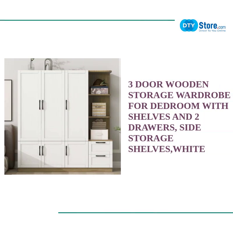 3 Door Wooden Storage Wardrobe for Dedroom with Shelves and 2 Drawers, Side Storage Shelves,White by@Outfy
