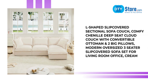 L-Shaped Slipcovered Sectional Sofa Couch, Comfy Chenille Deep Seat Cloud Couch with Convertible Ottoman &amp; 2 Big Pillows, Modern Oversized 3 Seater Slipcovered Sofa Set for Living Room Office, Cream by@Outfy