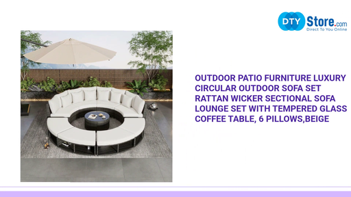 Outdoor Patio Furniture Luxury Circular Outdoor Sofa Set Rattan Wicker Sectional Sofa Lounge Set with Tempered Glass Coffee Table, 6 Pillows,Beige by@Outfy