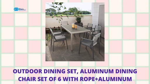 Outdoor Dining Set, Aluminum Dining Chair Set of 6 with Rope+Aluminum Dining Table with Faux Wood Top, Gray+Black by@Outfy