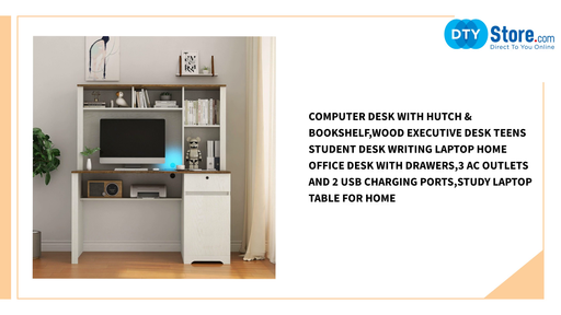 Computer Desk with Hutch &amp; Bookshelf,Wood Executive Desk Teens Student Desk Writing Laptop Home Office Desk with Drawers,3 AC Outlets and 2 USB Charging Ports,Study Laptop Table for Home by@Outfy