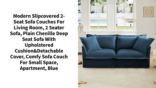 Modern Slipcovered 2-Seat Sofa Couches for Living Room, 2 Seater Sofa, Plain Chenille Deep Seat Sofa with Upholstered Cushion&amp;Detachable Cover, Comfy Sofa Couch for Small Space, Apartment, Blue by@Outfy