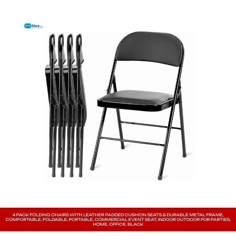 4 Pack Folding Chairs with Leather Padded Cushion Seats &amp; Durable Metal Frame, Comfortable, Foldable, Portable, Commercial Event Seat, Indoor Outdoor for Parties, Home, Office, Black by@Outfy