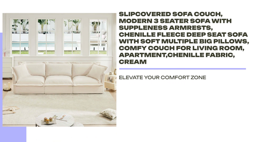 Slipcovered Sofa Couch, Modern 3 Seater Sofa with Suppleness Armrests, Chenille Fleece Deep Seat Sofa with Soft Multiple Big Pillows, Comfy Couch for Living Room, Apartment,Chenille Fabric, Cream by@Outfy