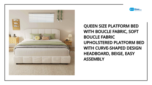 Queen Size Platform Bed with Boucle Fabric, Soft Boucle Fabric Upholstered Platform bed with Curve-Shaped Design Headboard, Beige, Easy Assembly by@Outfy