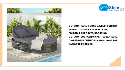 Outdoor Patio Round Daybed, Sun Bed with Adjustable Backrests and Foldable Cup Trays, Reclining Outdoor Lounger Wicker Rattan Patio Daybed with Cushions and Pillows for Backyard Poolside by@Outfy