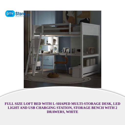 Full Size Loft Bed with L-shaped Multi-storage Desk, LED light and USB Charging Station, Storage Bench with 2 Drawers, White by@Outfy