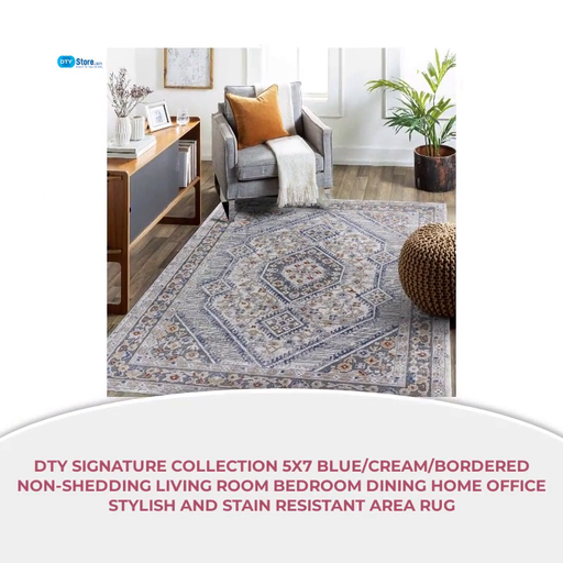 DTY Signature Collection 5X7 Blue/Cream/Bordered Non-Shedding Living Room Bedroom Dining Home Office Stylish and Stain Resistant Area Rug by@Outfy