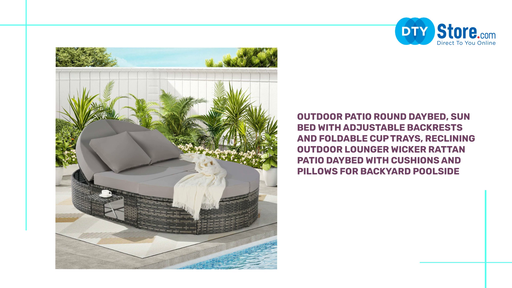 Outdoor Patio Round Daybed, Sun Bed with Adjustable Backrests and Foldable Cup Trays, Reclining Outdoor Lounger Wicker Rattan Patio Daybed with Cushions and Pillows for Backyard Poolside by@Outfy