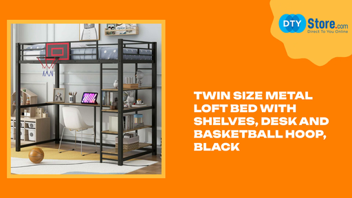 Twin Size Metal Loft Bed with Shelves, Desk and Basketball hoop, Black by@Outfy