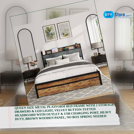 Queen Size Metal Platform Bed Frame with 2 Storage Drawers &amp; LED Light, Velvet Button-Tufted Headboard with Outlet &amp; USB Charging Port, Heavy Duty, Brown Wooden Panel, No Box Spring Needed by@Outfy