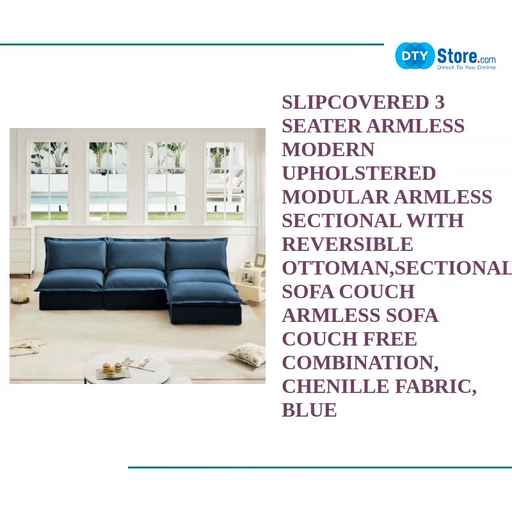 Slipcovered 3 Seater Armless Modern Upholstered Modular Armless Sectional with Reversible Ottoman,Sectional Sofa Couch Armless Sofa Couch Free Combination, Chenille Fabric, Blue by@Outfy