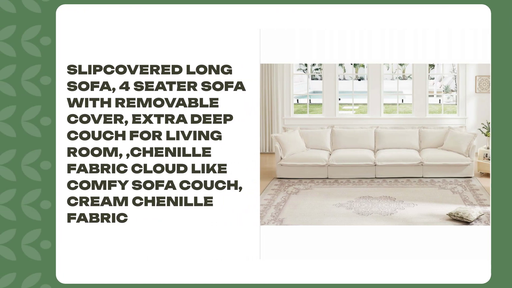 Slipcovered Long Sofa, 4 Seater Sofa with Removable Cover, Extra Deep Couch for Living Room, ,Chenille Fabric Cloud Like Comfy Sofa Couch, Cream Chenille Fabric by@Outfy