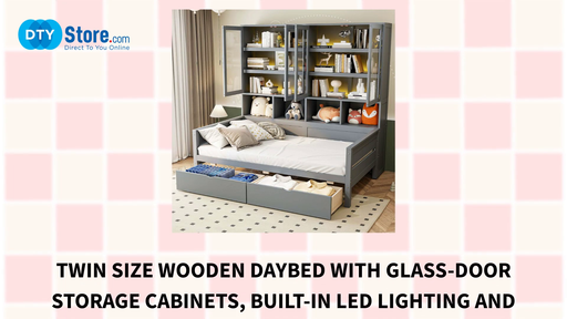 Twin Size Wooden Daybed with Glass-Door Storage Cabinets, Built-in LED Lighting and Shelves, Gray by@Outfy