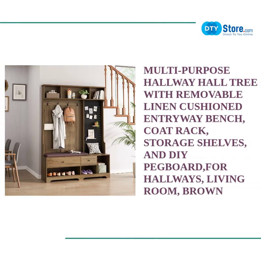 Multi-purpose Hallway Hall Tree with Removable Linen Cushioned Entryway Bench, Coat Rack, Storage Shelves, and DIY Pegboard,for Hallways, Living Room, Brown by@Outfy