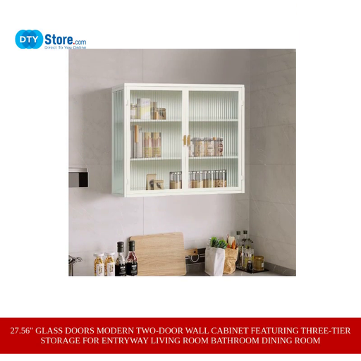 27.56&quot; Glass Doors Modern Two-door Wall Cabinet Featuring Three-tier Storage for Entryway Living Room Bathroom Dining Room by@Outfy