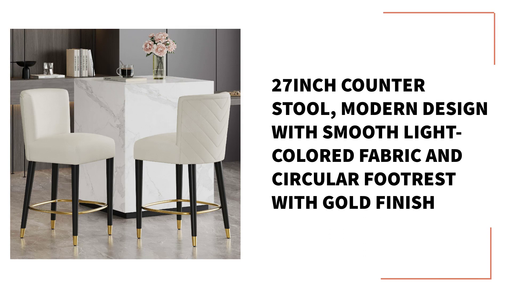 27inch counter stool, modern design with smooth light-colored fabric and circular footrest with gold finish by@Outfy