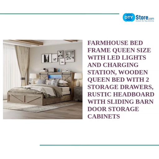 Farmhouse Bed Frame Queen Size with LED Lights and Charging Station, Wooden Queen Bed with 2 Storage Drawers, Rustic Headboard with Sliding Barn Door Storage Cabinets by@Outfy