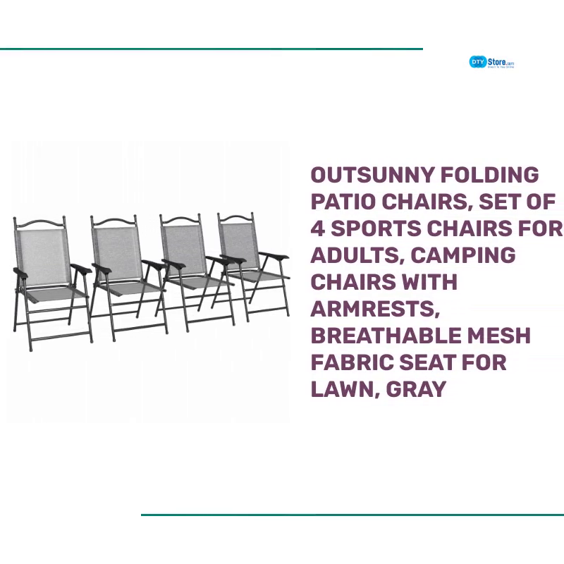 Outsunny Folding Patio Chairs, Set of 4 Sports Chairs for Adults, Camping Chairs with Armrests, Breathable Mesh Fabric Seat for Lawn, Gray by@Outfy