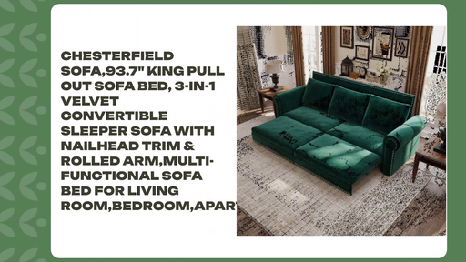 Chesterfield Sofa,93.7&quot; King Pull Out Sofa Bed, 3-in-1 Velvet Convertible Sleeper Sofa with Nailhead Trim &amp; Rolled Arm,Multi-Functional Sofa Bed for Living Room,Bedroom,Apartment,Office,Green by@Outfy