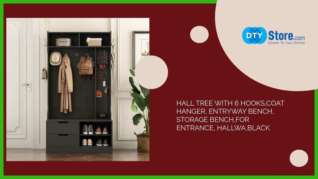 Hall Tree with 6 Hooks,Coat Hanger, Entryway Bench, Storage Bench,for Entrance, Hallwa,black by@Outfy
