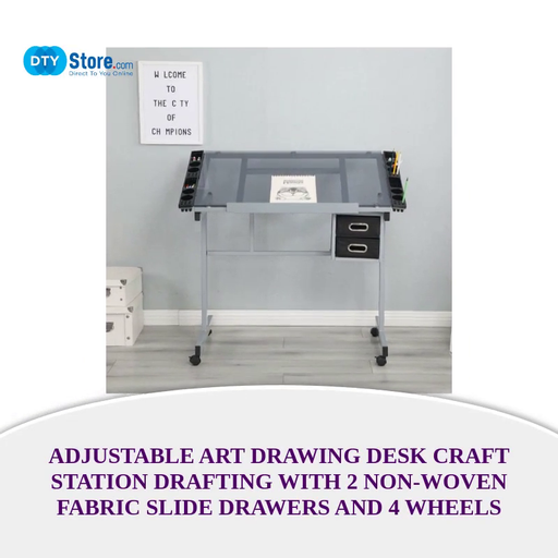 Adjustable Art Drawing Desk Craft Station Drafting with 2 Non-woven fabric Slide Drawers and 4 Wheels by@Outfy