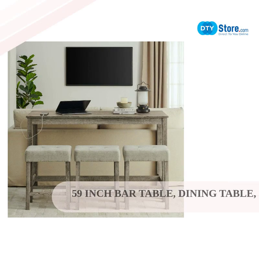 59 Inch Bar Table, Dining Table, Sofa Table with Power Outlet, 3 Upholstered Stools, 4 Piece Bar Table and Chair Set for Living Room, Dining Room, Kitchen by@Outfy