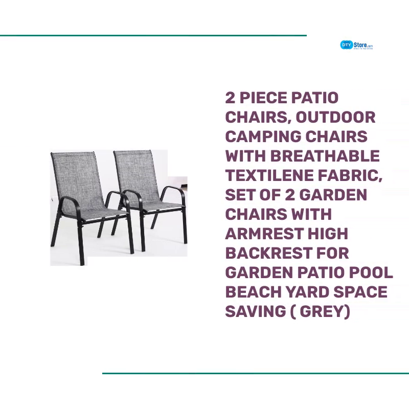 2 Piece Patio Chairs, Outdoor Camping Chairs with Breathable Textilene Fabric, Set of 2 Garden Chairs with Armrest High Backrest for Garden Patio Pool Beach Yard Space Saving ( Grey) by@Outfy