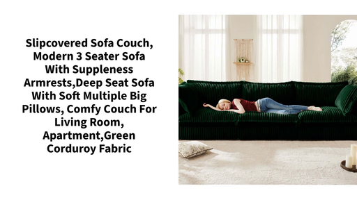 Slipcovered Sofa Couch, Modern 3 Seater Sofa with Suppleness Armrests,Deep Seat Sofa with Soft Multiple Big Pillows, Comfy Couch for Living Room, Apartment,Green Corduroy Fabric by@Outfy