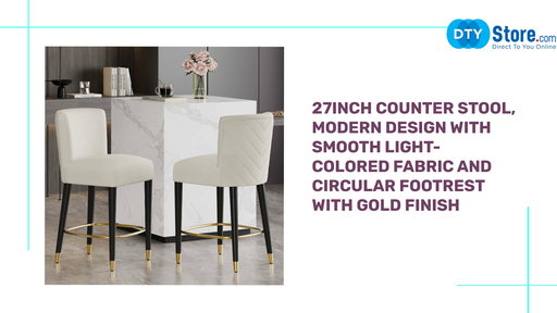 27inch counter stool, modern design with smooth light-colored fabric and circular footrest with gold finish by@Outfy