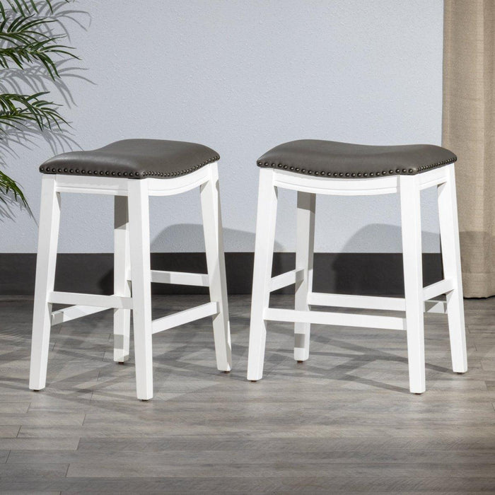 DTY Indoor Living Aurora Saddle Stool -25" Counter Stool or 29" Barstool, Set of 2 Dark Gray Faux Leather White